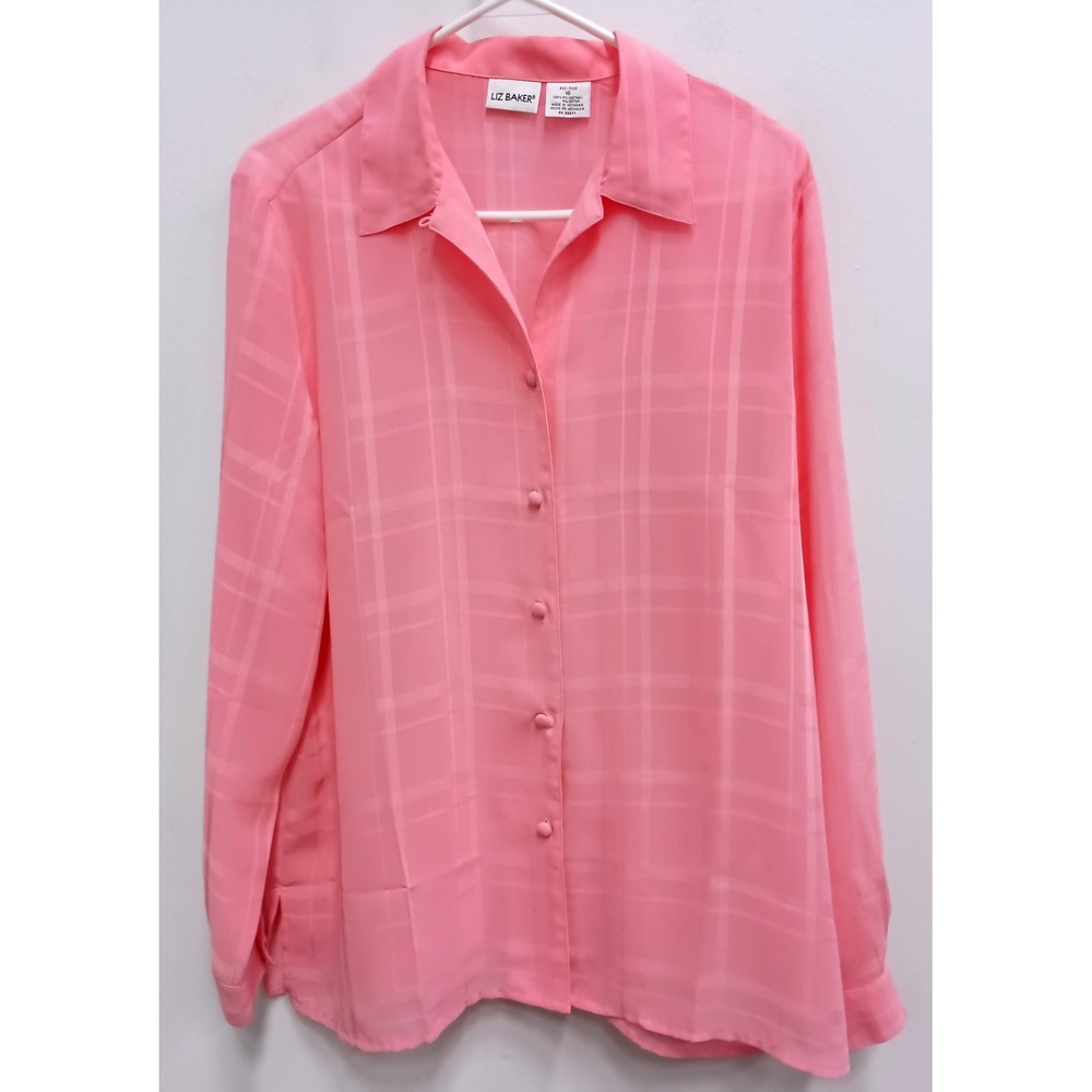 Vintage Y2K Liz Baker Button Up Shirt Womens 16 Pink Plaid Jacquard Long Sleeve